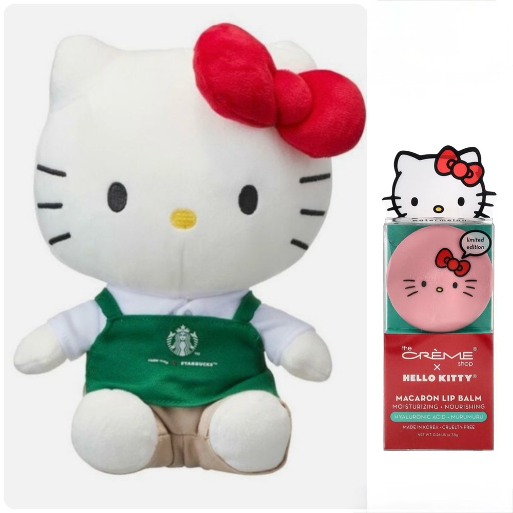 NEW 3pc Hello Kitty Starbucks Bearista Plush The Crème Shop Lip Balm Watermelon